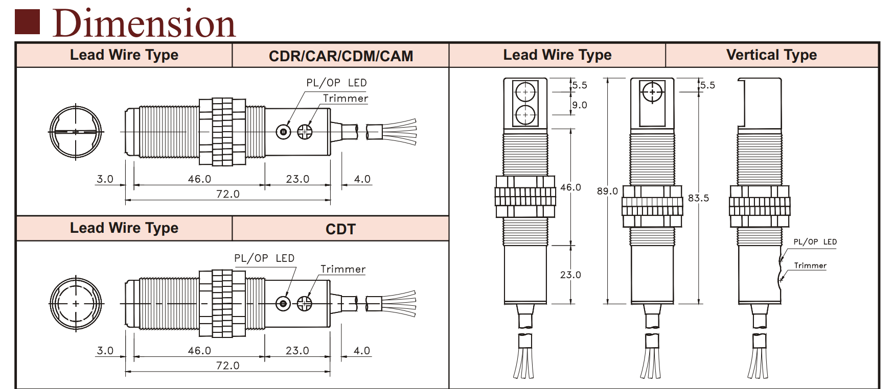 Kích thước Cảm biến quang Fotek Sử dụng gương CAM-2MX