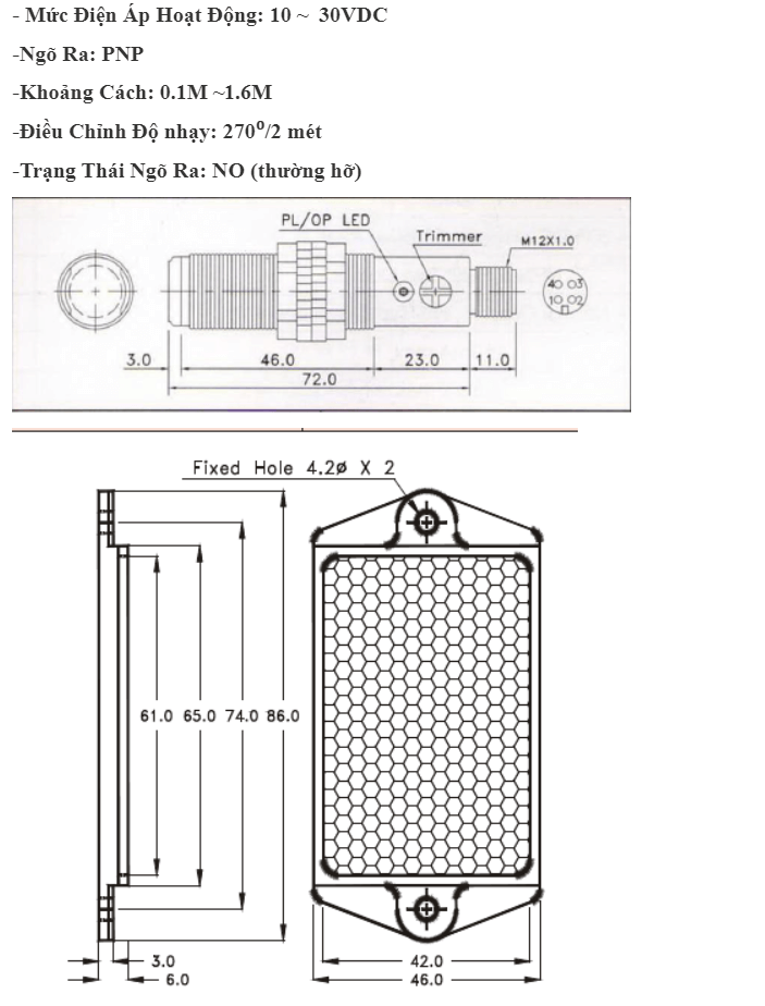 Kích thước Cảm biến quang Fotek Sử dụng gương DM-1MN