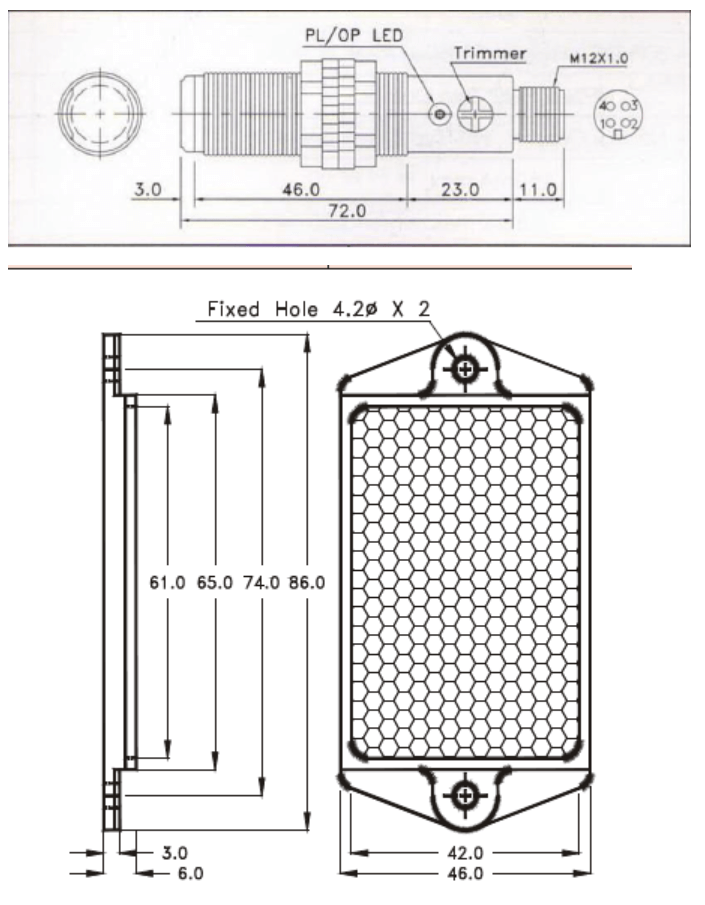 Kích thước Cảm biến quang Fotek Sử dụng gương DM-1MN