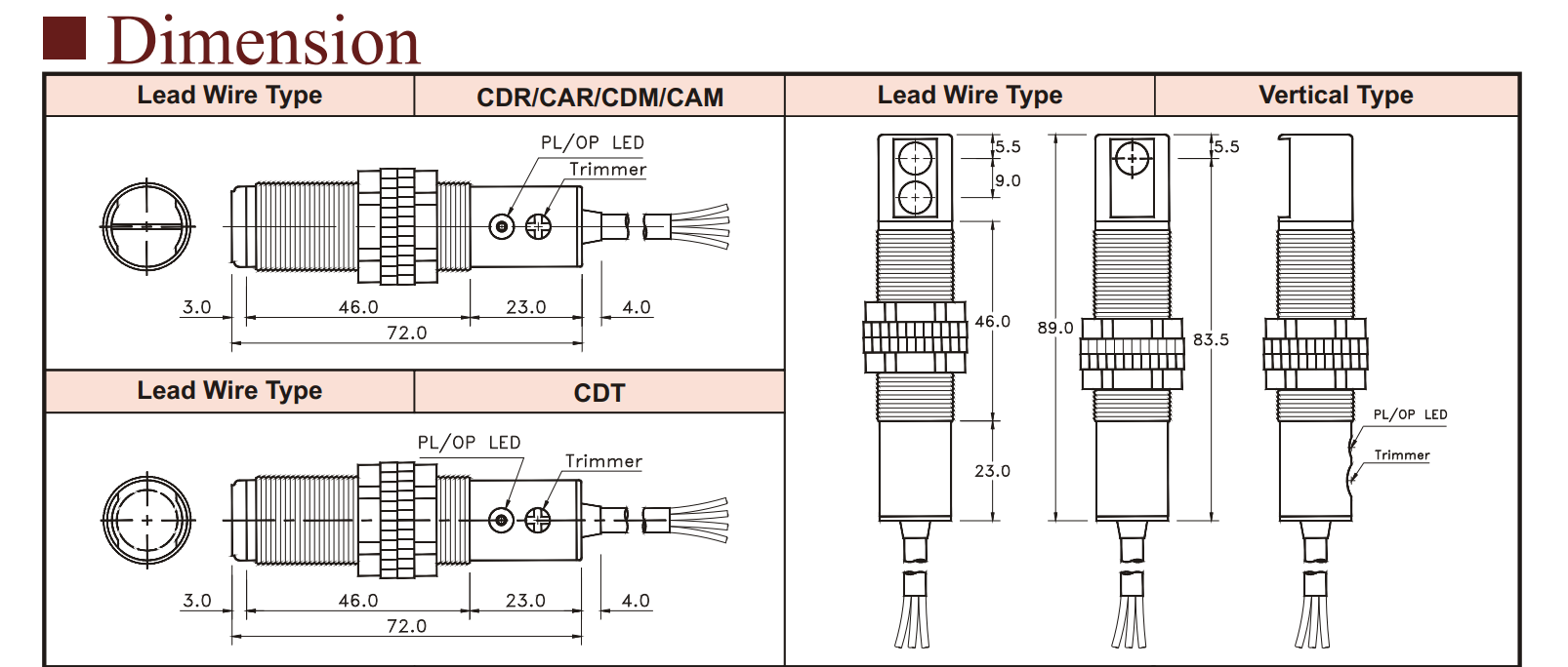 Kích thước Cảm biến quang Fotek Đối xứng CDT-10MX