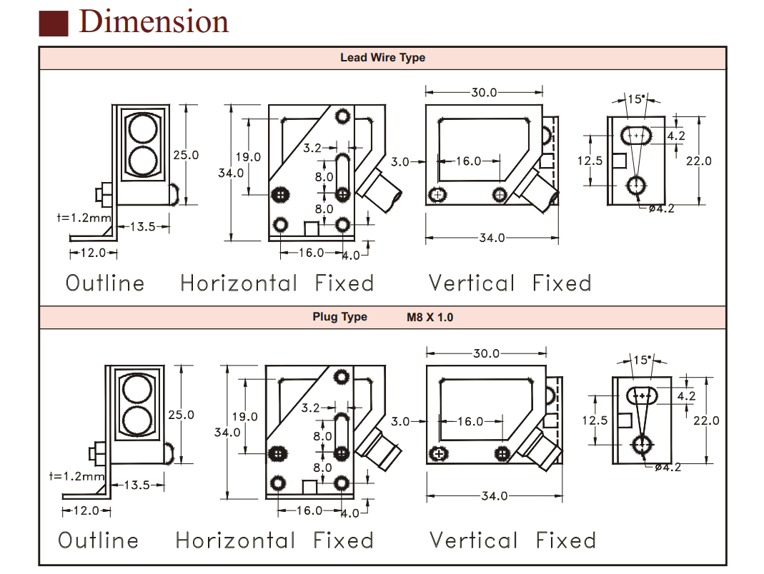Kích thước Cảm biến quang Đối xứng Fotek MT-6MX