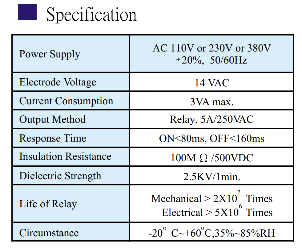 Thông số kỹ thuật Bộ điều khiển - Relay mực nước - Bộ bảo vệ Phase Fotek FR1