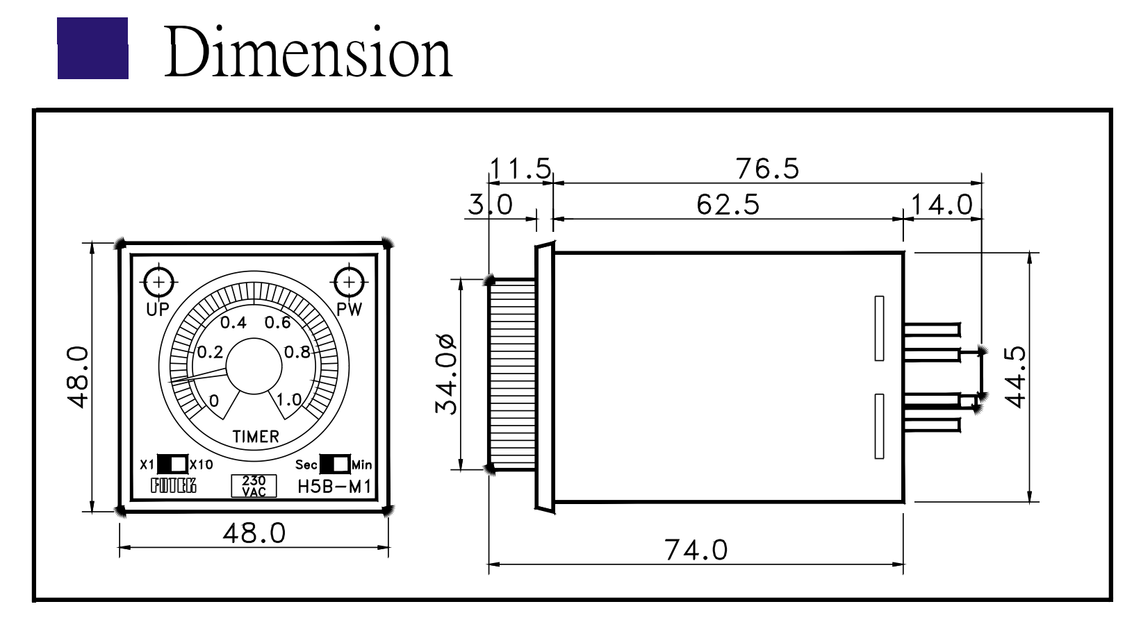Kích thước Bộ định thời gian Fotek - Timer H5B-M1/M3/M6