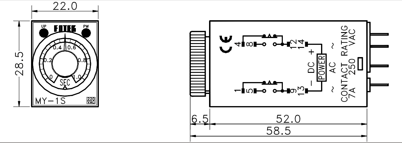 Kích thước Bộ định thời gian Fotek - Timer MY-30S-2P