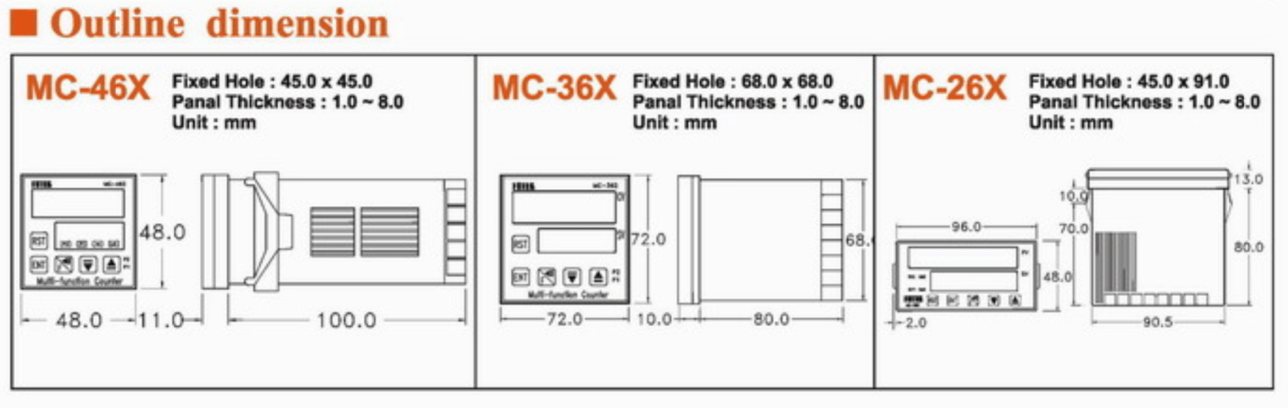 Kích thước Counter - Bộ đếm Fotek MC-261
