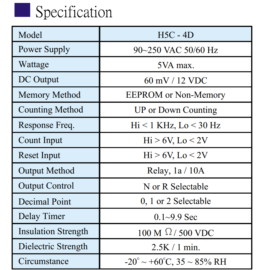 Thông số kỹ thuật Counter - Bộ đếm Fotek H5C-4D
