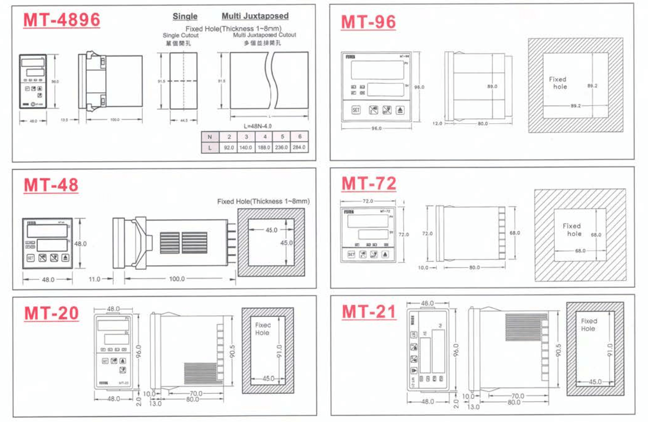 Kích thước Bộ điều khiển nhiệt độ Fotek (Temperature controller) thân dài MT-20-R/V
