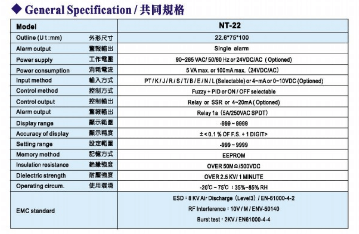 Thông số kỹ thuật Bộ điều khiển nhiệt độ Fotek (Temperature controller) thân ngắn NT-20-R/V