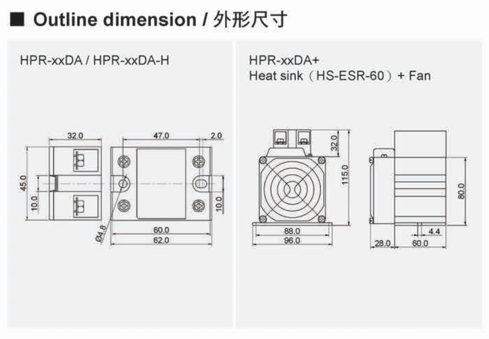 Kích thước Bộ bán dẫn 1 pha Fotek (Solid state relay) HPR-60DA-H