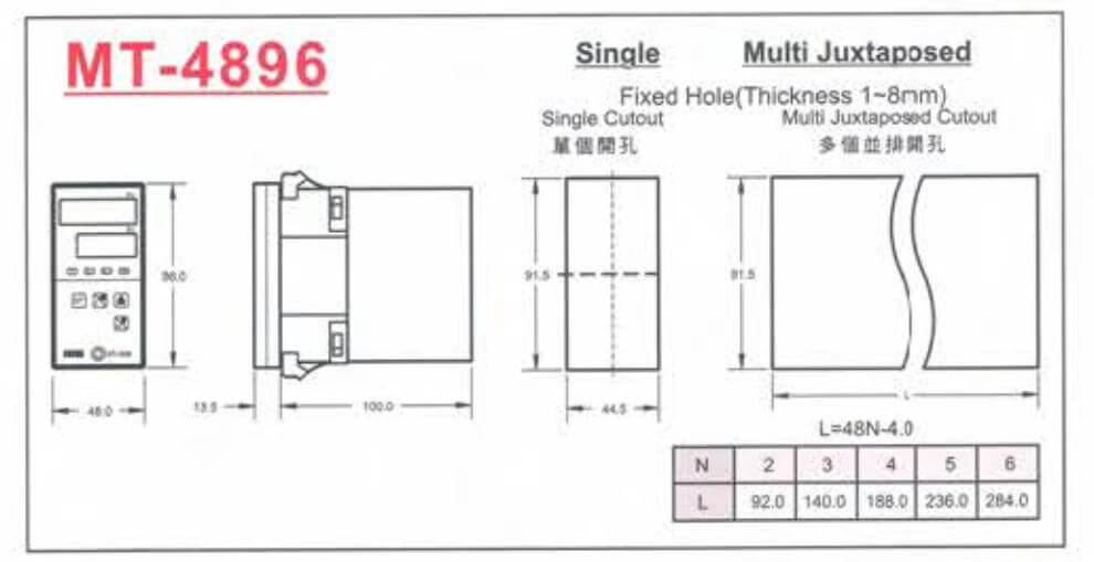 Kích thước Bộ điều khiển nhiệt độ Fotek (Temperature controller) thân dài MT-4896-R/V