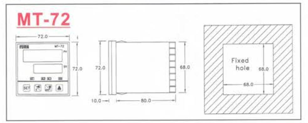 Kích thước Bộ điều khiển nhiệt độ Fotek (Temperature controller) thân dài MT-72-R/V