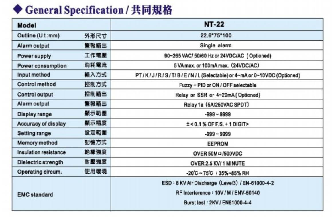 Thông số kỹ thuật Bộ điều khiển nhiệt độ Fotek (Temperature controller) thân ngắn NT-48-R/V
