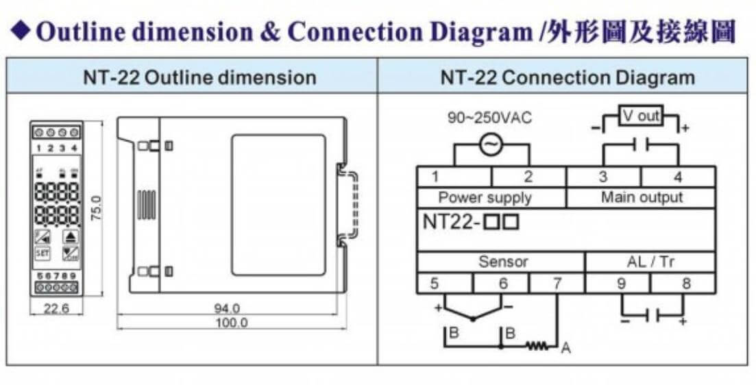Kích thước Bộ điều khiển nhiệt độ Fotek (Temperature controller) thân ngắn NT-48-R/V