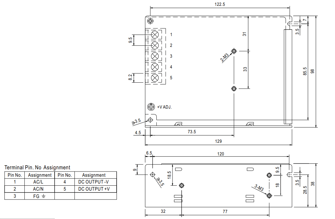 Kích thước Bộ nguồn Meanwell NES-50-12: Dùng trong nhà, 50 WAT 12V - 4.2A