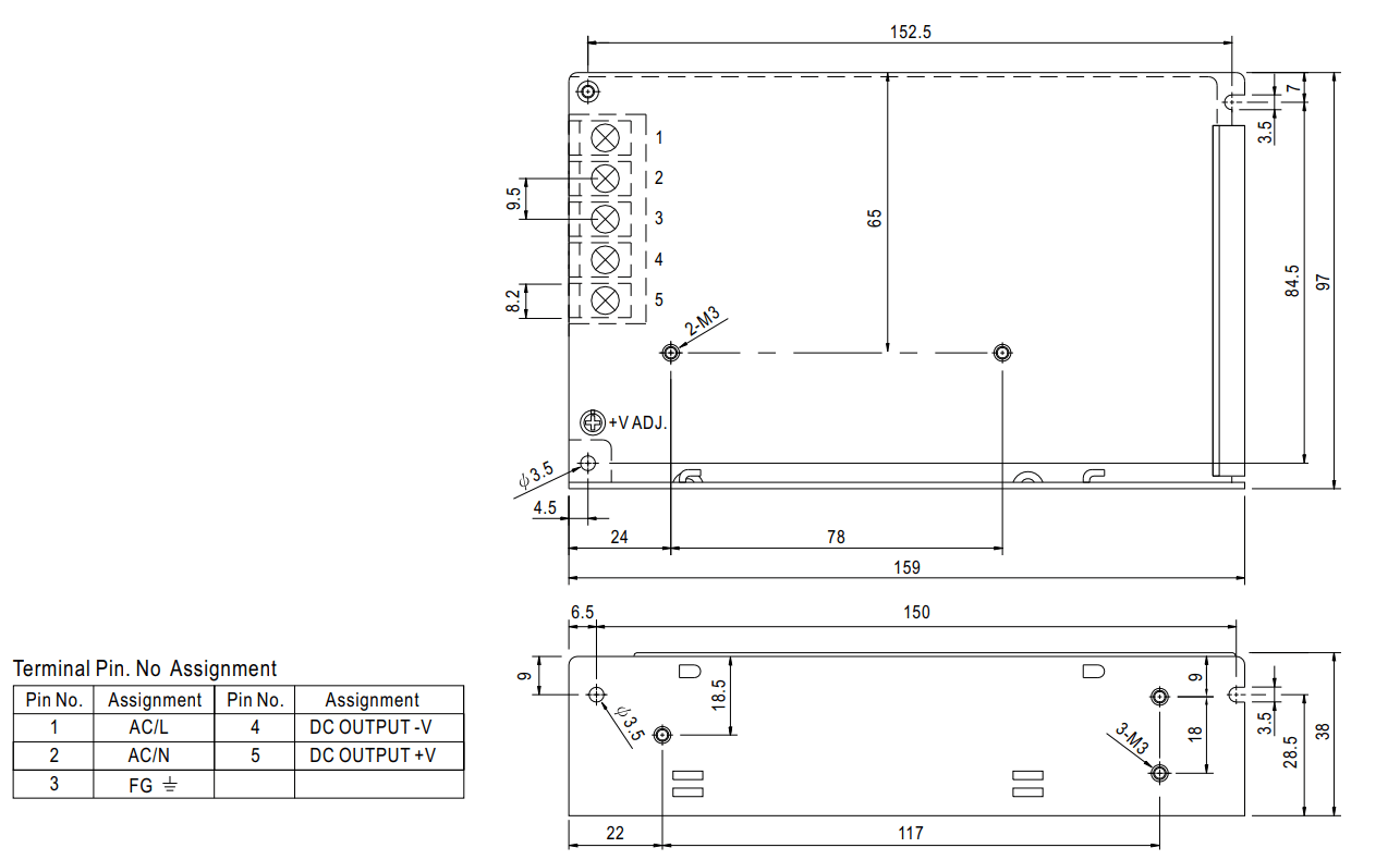 Kích thước Bộ nguồn Meanwell NES-75-12: Dùng trong nhà, 75 WAT 12V - 6.2A