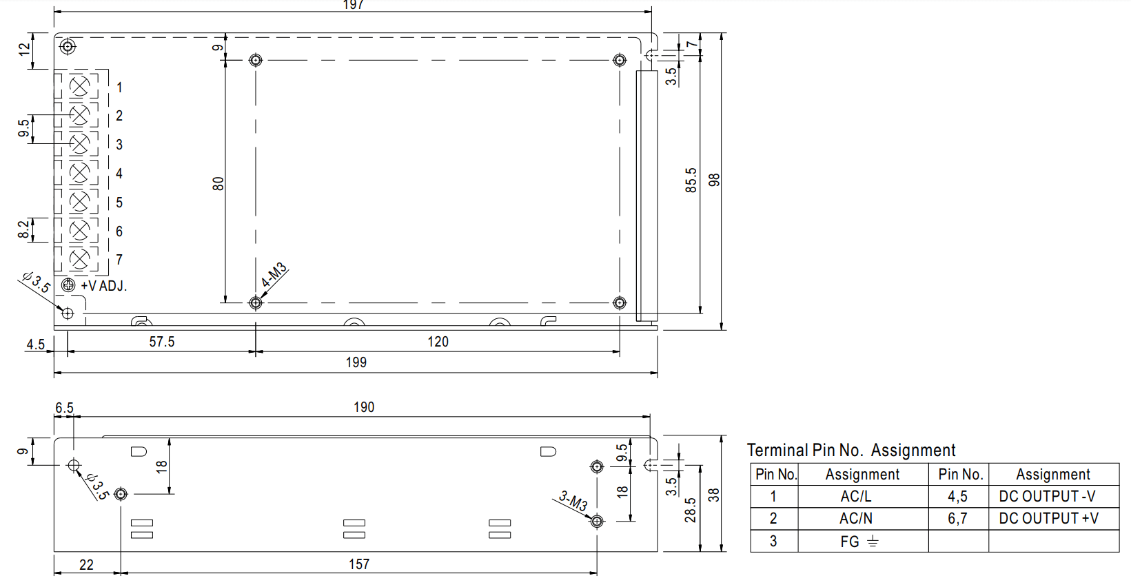 Kích thước Bộ nguồn Meanwell NES-150-12: Dùng trong nhà, 150 WAT 12V - 12.5A