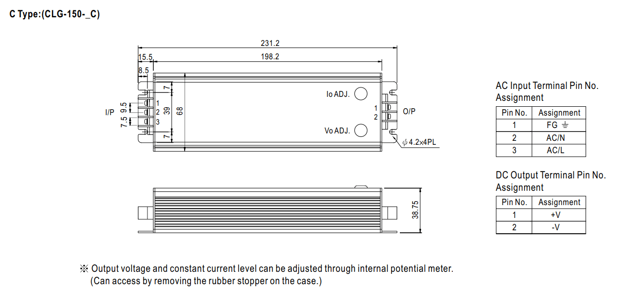 Kích thước Bộ nguồn Meanwell CLG-150-12A: Dùng ngoài trời, 150 WAT 12V - 12.5A