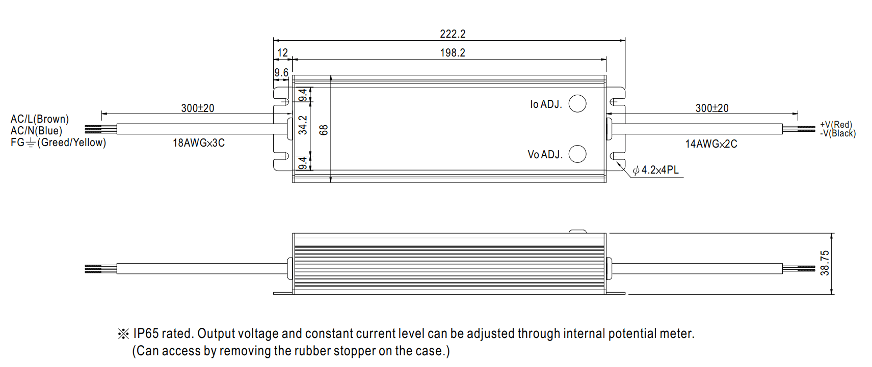 Kích thước Bộ nguồn Meanwell CLG-150-12A: Dùng ngoài trời, 150 WAT 12V - 12.5A