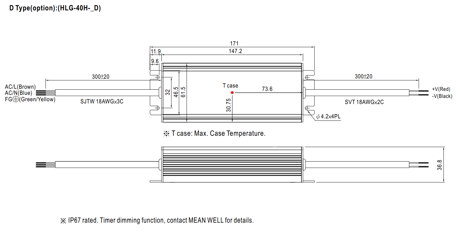 Kích thước Bộ nguồn Meanwell HLG-40H-12A: Dùng ngoài trời, 40 WAT 12V - 3.33A