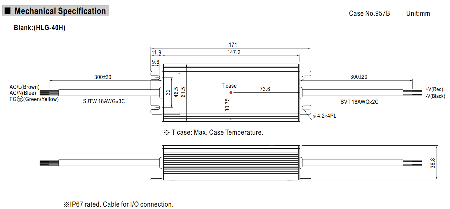 Kích thước Bộ nguồn Meanwell HLG-40H-12A: Dùng ngoài trời, 40 WAT 12V - 3.33A