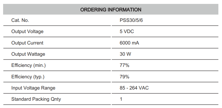 Thông số kỹ thuật Connectwell PSS30/5/6: Bộ nguồn xung AC/DC 1 pha