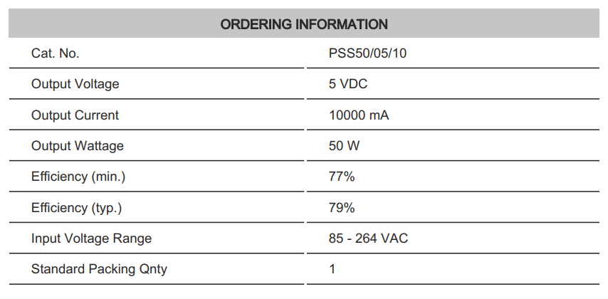 Thông số kỹ thuật Connectwell PSS50/5/10: Bộ nguồn xung AC/DC 1 pha