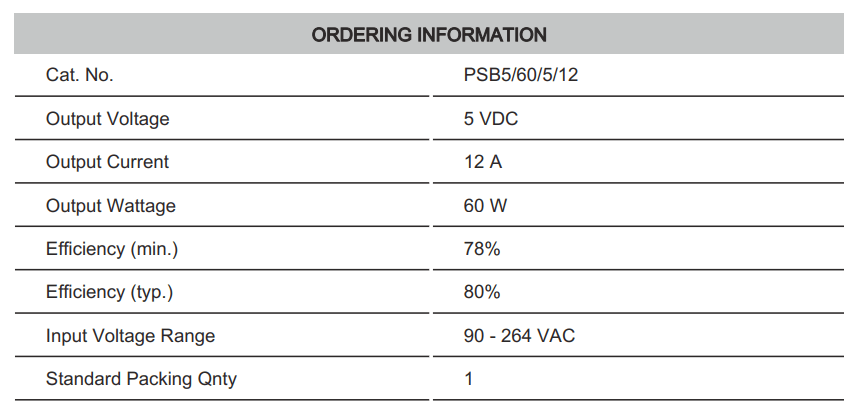 Thông số kỹ thuật Connectwell PSB5/60/5/12: Bộ nguồn xung AC/DC 1P (Module)
