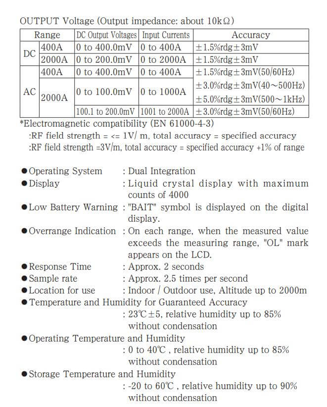 Thông số kỹ thuật Kyoritsu 2003A: Đồng hồ Ampe kìm