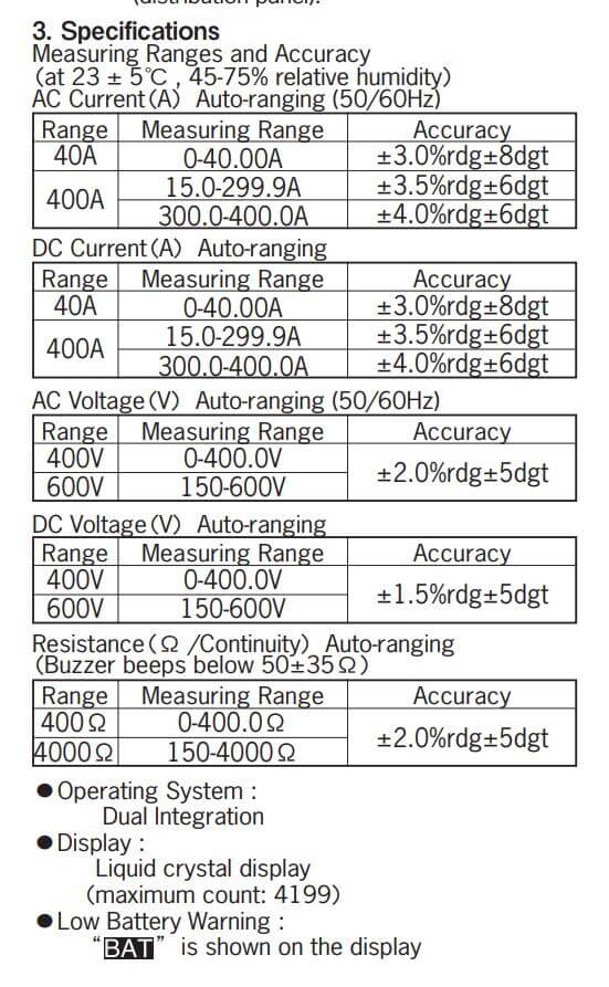 Thông số kỹ thuật Kyoritsu KT203: Ampe kìm kewtech