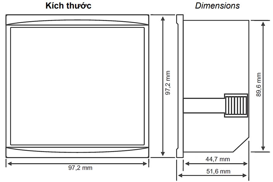 Kích thước Tense DJ-A96T: Đồng hồ đo dòng điện 3 pha