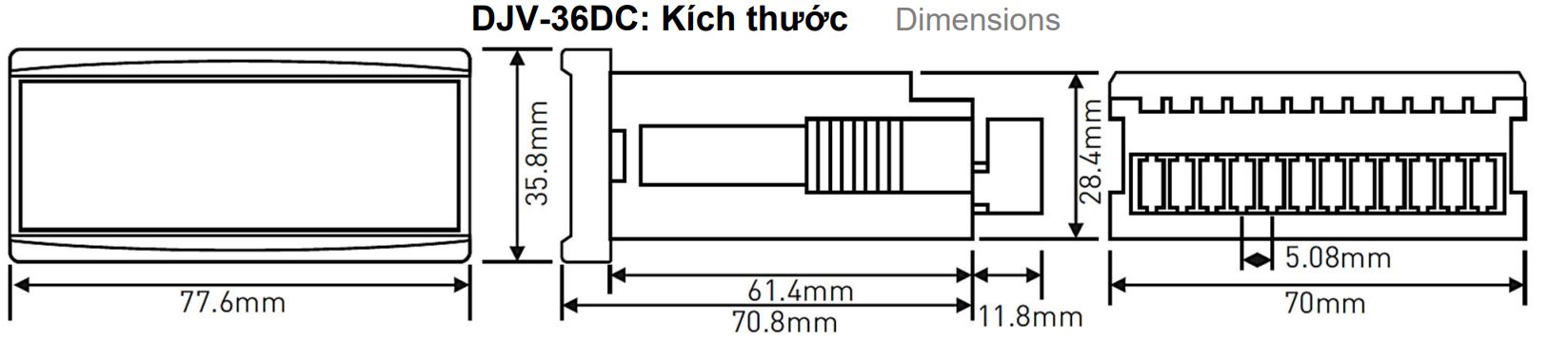 Cấu tạo và Kích thước Đồng hồ đo điện áp DC Tense DJ-V36DC