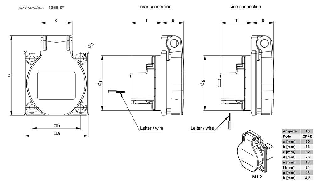 Kích thước PCE F1050-0B : Ổ cắm âm  16A 3P 250V