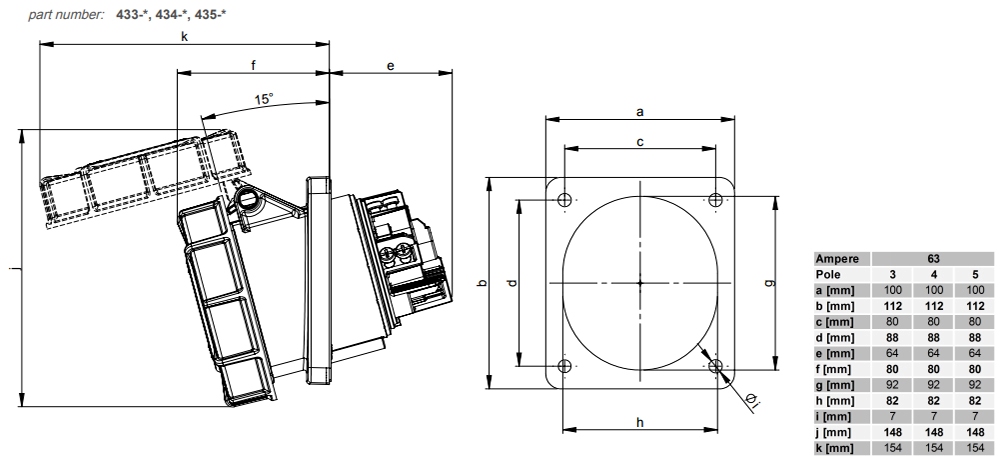 Kích thước PCE F434-6FC : Ổ cắm gắn âm 63A 4P 400V