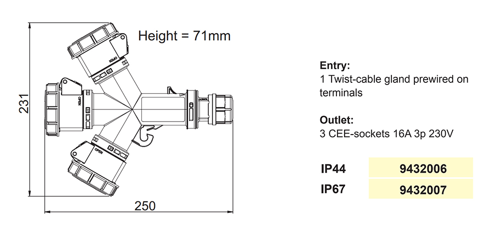 Kích thước PCE F9432006 : Ổ cắm chia 3 ngả 16A 3P 230V