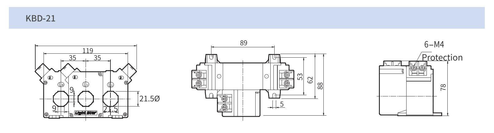 Cấu tạo và Kích thước Lightstar KBD-21E: Biến dòng PCT 3 pha 3P4W 3CT 100/5A~200/5A