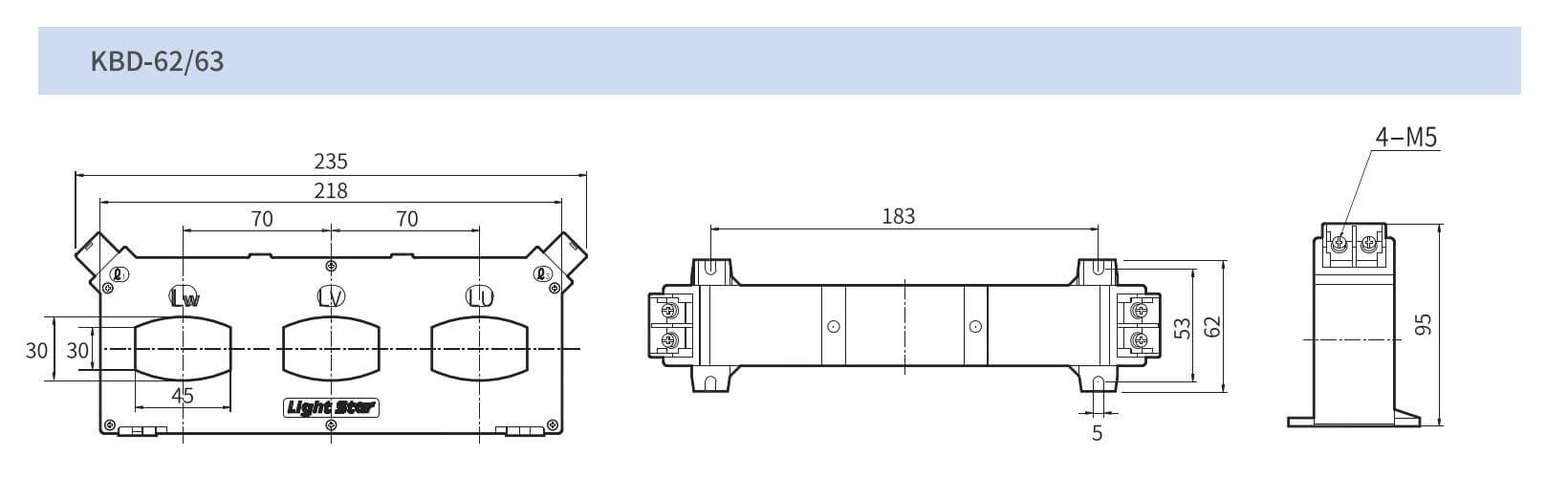 Cấu tạo và Kích thước Lightstar KBD-62E: Biến dòng PCT 3 pha 3P3W 2CT 250/5A ~ 1000/5A