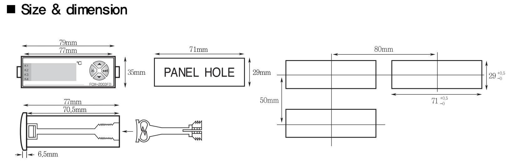 Cấu tạo và Kích thước Conotec FOX-2001FD: Bộ điều khiển nhiệt độ