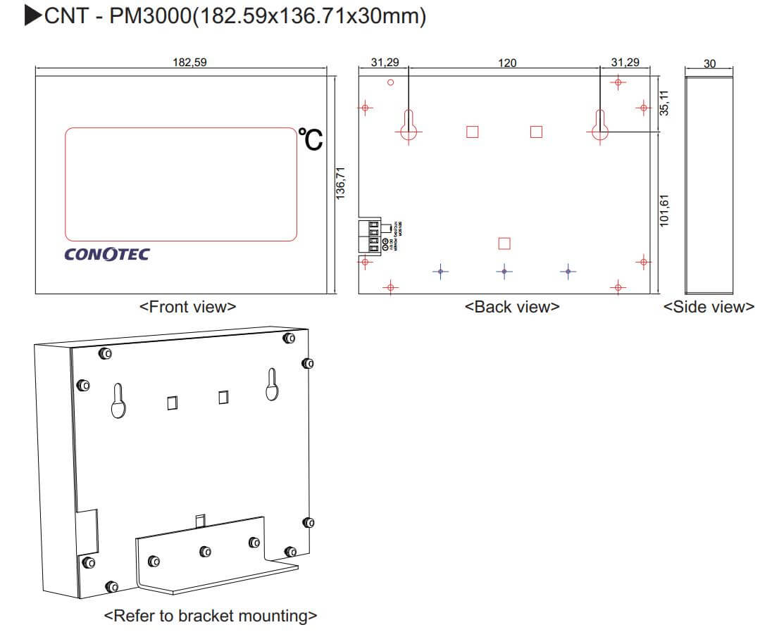 Cấu tạo và Kích thước Conotec FOX-CNT-PM3000: Đồng hồ hiển thị nhiệt độ kích thước lớn