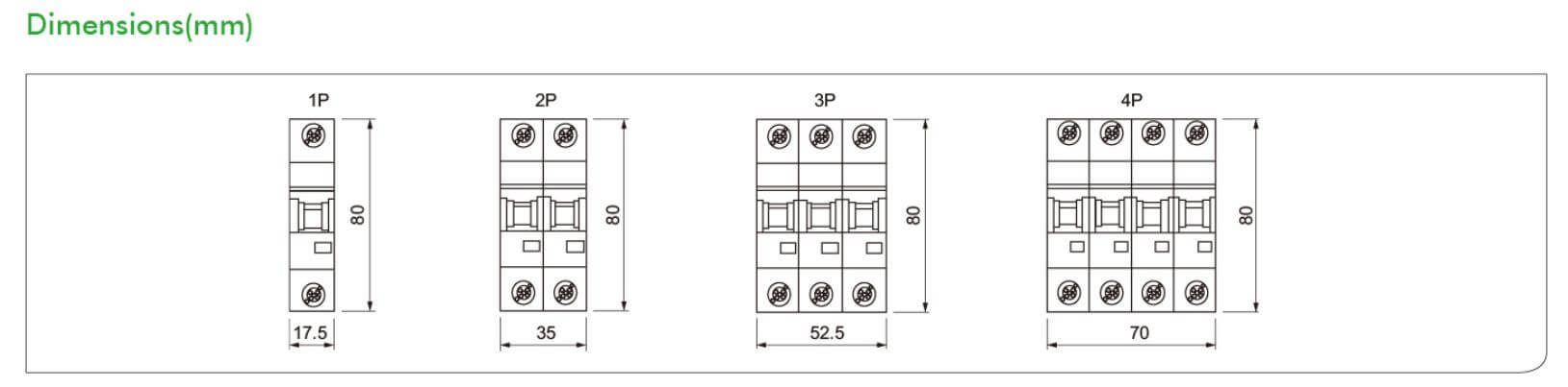 Cấu tạo và Kích thước MCB 2 pha, 20A, điện áp 550VDC