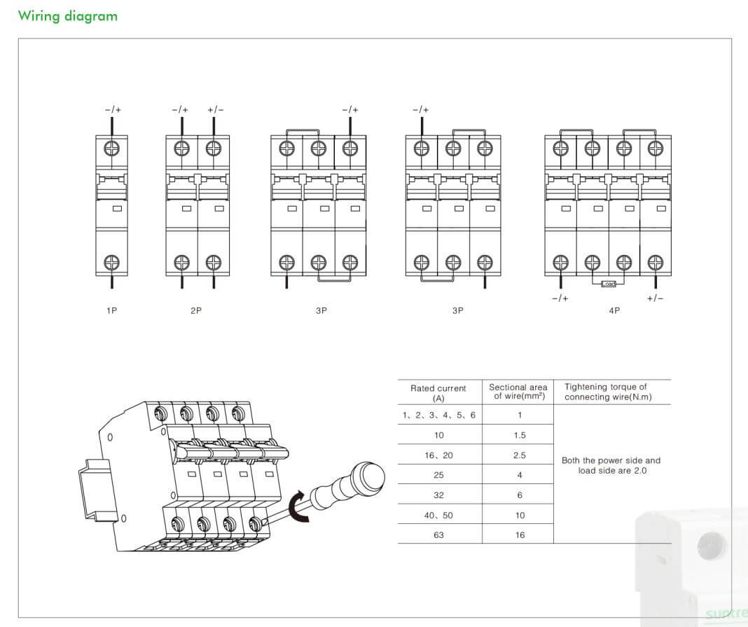Cách nối dây, cách chỉnh, cài đặt, setup MCB 2 pha, 20A, điện áp 550VDC