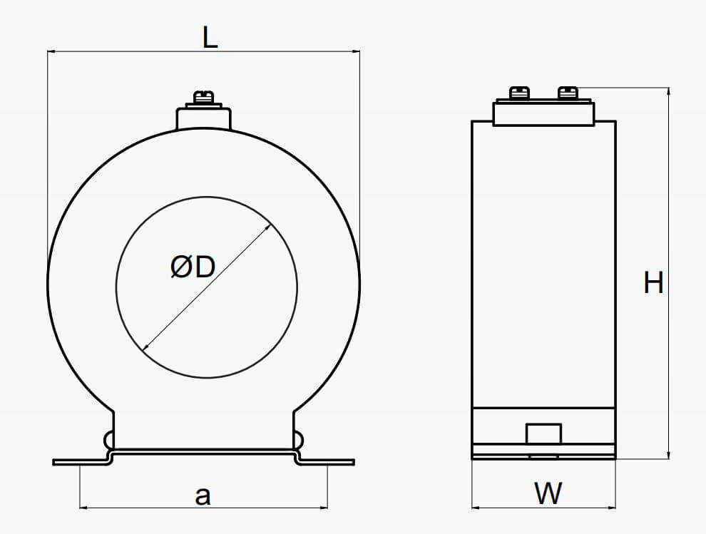 Cấu tạo và Kích thước Mitex BD02 CCX 1 tỷ số 2000/5A, 15VA W=1, ĐK 110
