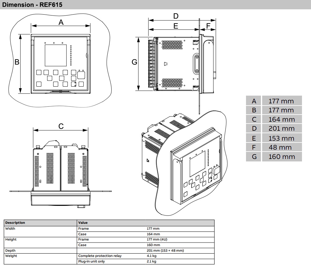 Kích thước Relay ABB REF615