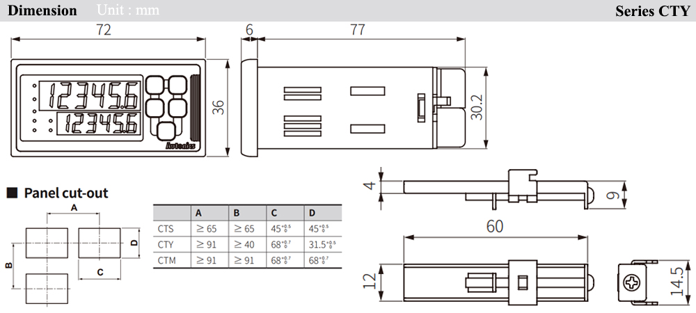 Kích thước Bộ đếm - Counter Autonics CT6Y-I4T