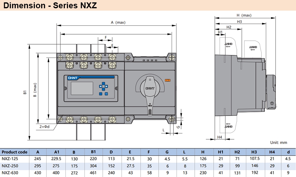 Kích thước ATS Chint NXZ-125/4B 100A