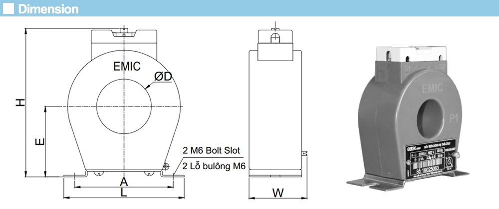 Kích thước Biến dòng Emic CT0.6 100/5A