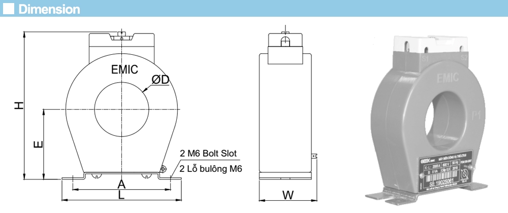 Kích thước Biến dòng Emic CT0.6 400/5A