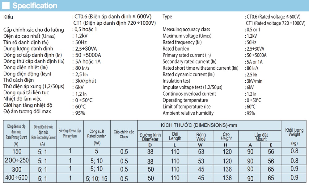 Thông số kỹ thuật Biến dòng Emic CT0.6 400/5A