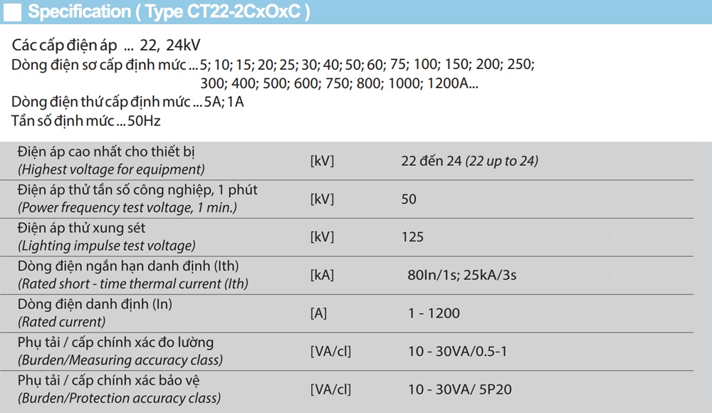 Thông số kỹ thuật Biến dòng Emic CT22 5-10/5A