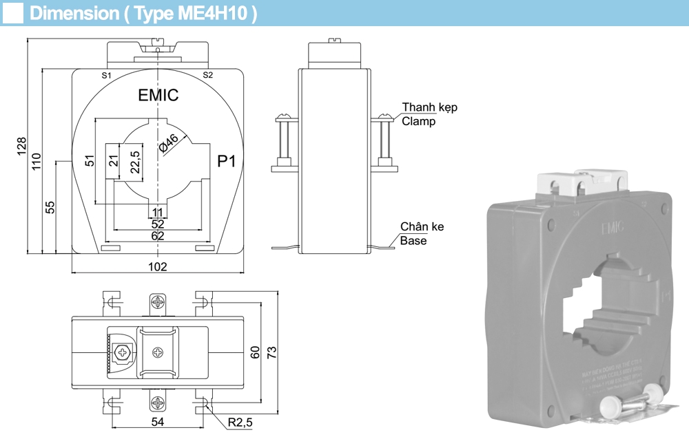Kích thước Biến dòng Emic HT4L 600/5A