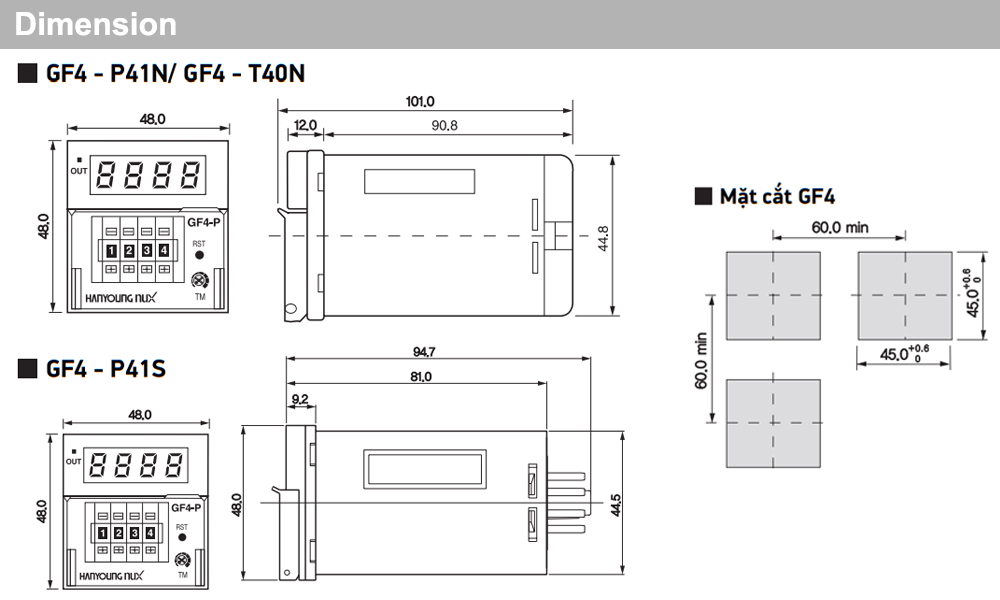 Kích thước Bộ đếm / Bộ định thời - Hanyoung GF4-T40N